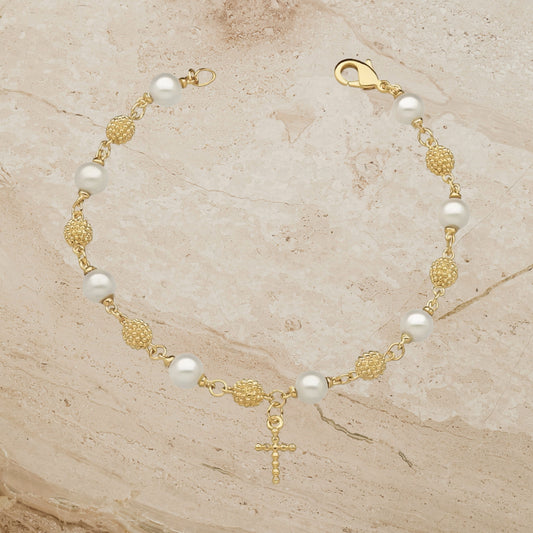 Delicate Faith Bracelet with tiny Cross & Shell Pearls